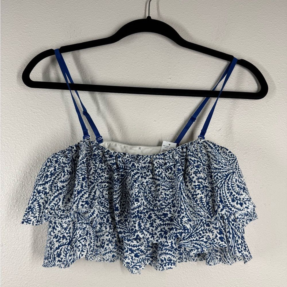 New Aerie Women’s Ruffled Blue Paisley Crop Top Shelf Bra Boho Summer Large
